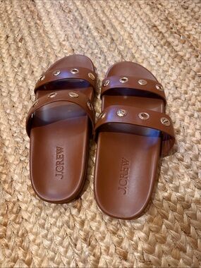 J. Crew Brown Double-Strap Slide Sandals with Gold Grommets